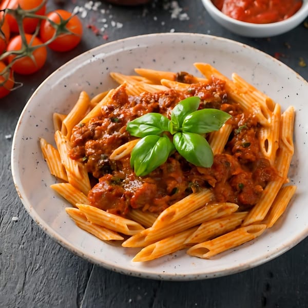 Caruso's penne pasta with rich red sauce and fresh basil, alongside cherry tomatoes.